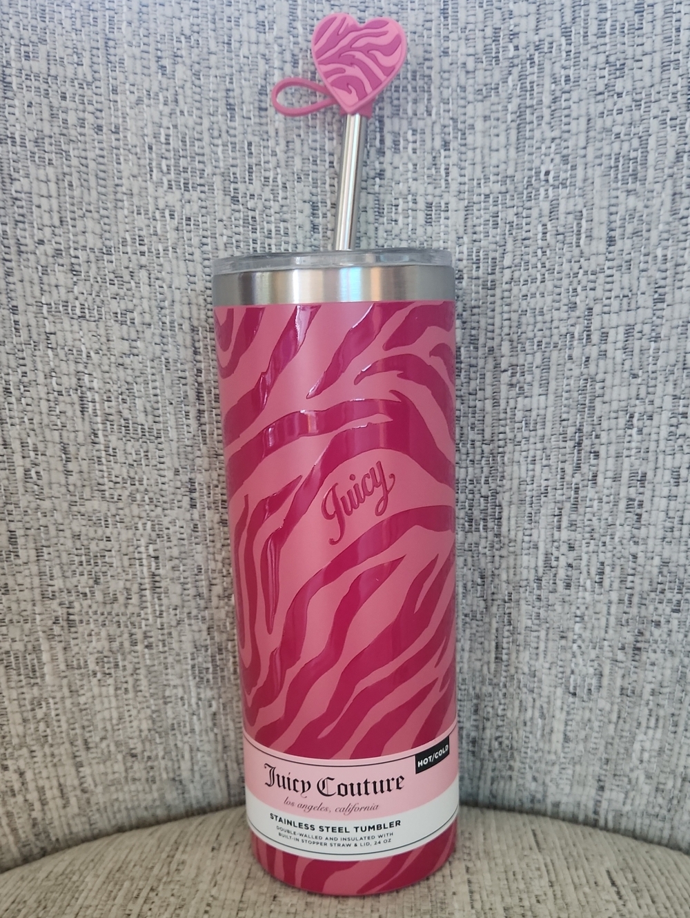 Juicy Couture Pink Zebra Tumbler with Heart Straw Charm 24 Oz